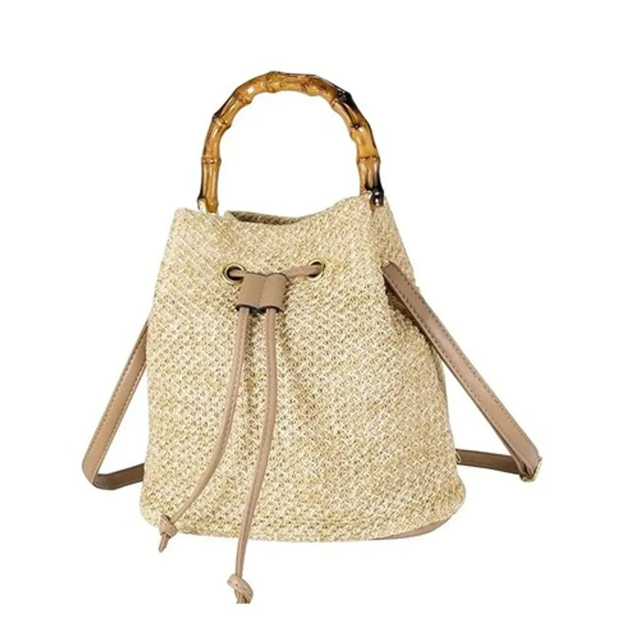 Bamboo Handle Crossbody Bucket Handbag