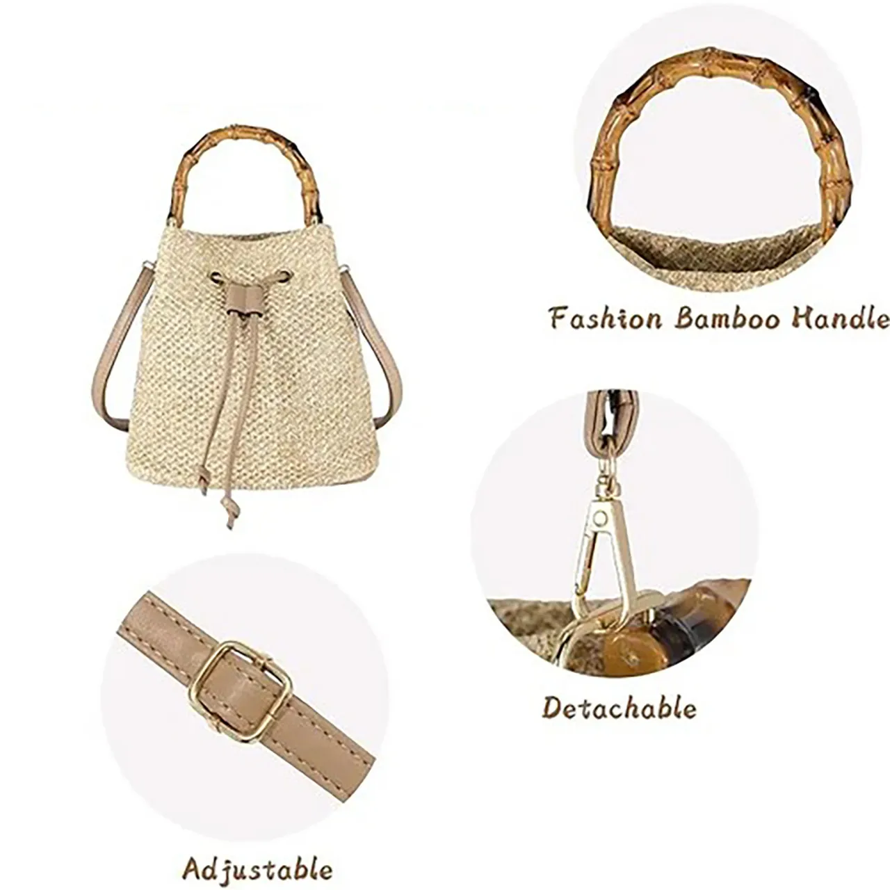 Bamboo Handle Crossbody Bucket Handbag