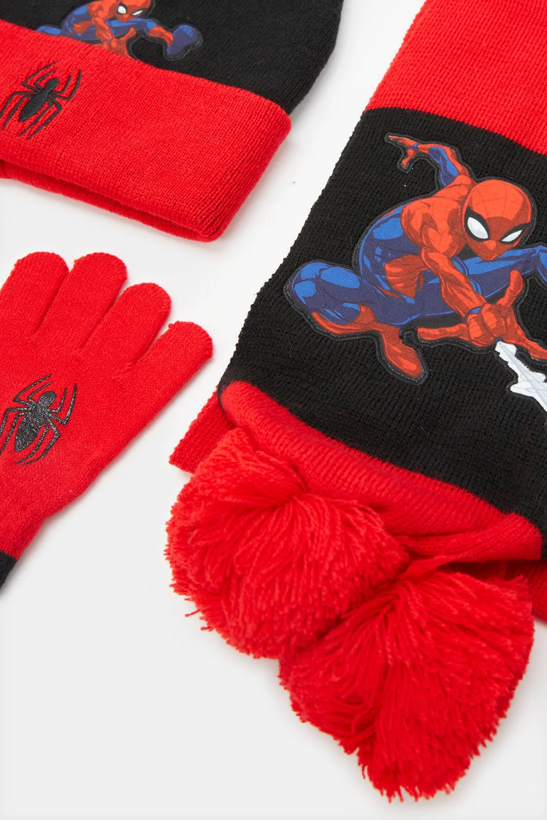 Boys Red Spider-Man Knitted Knitted Cap Set (3 Piece)