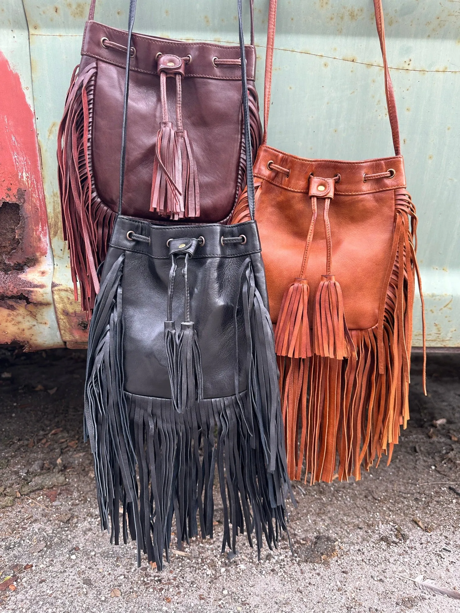 Byron Bay Soft Leather Fringe Cross Body Drawstring Festival Bag