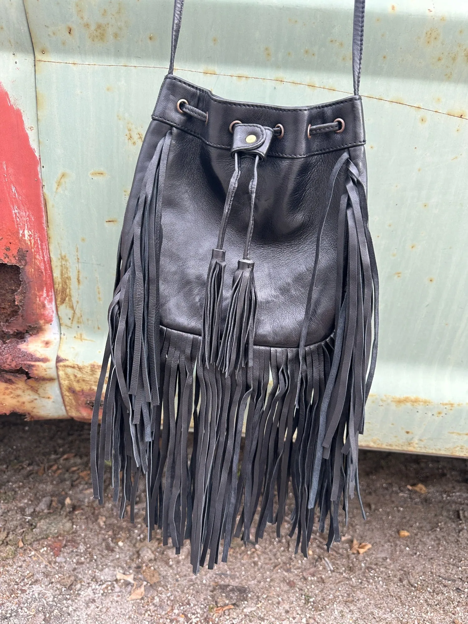 Byron Bay Soft Leather Fringe Cross Body Drawstring Festival Bag