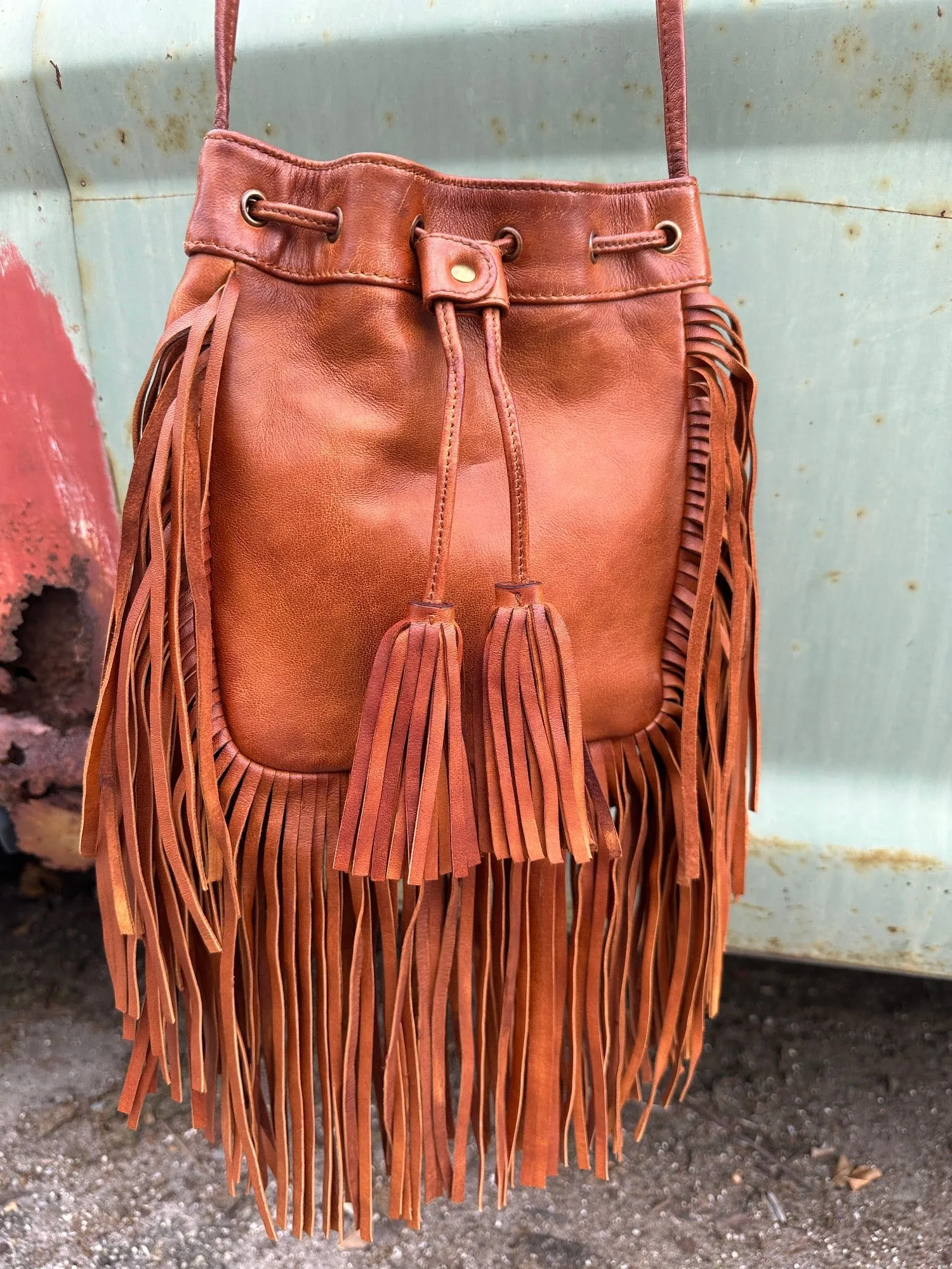 Byron Bay Soft Leather Fringe Cross Body Drawstring Festival Bag