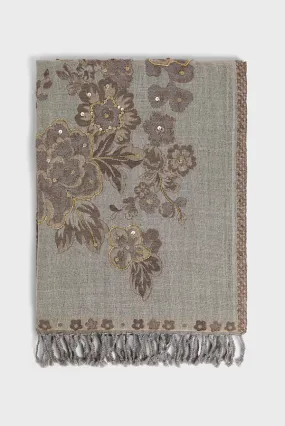 Gerard Darel DORINE BEIGE WOOL LARGE FLOWER PRINT SCARF