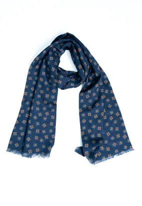 Navy Geomatric Motif Wool Silk Scarf