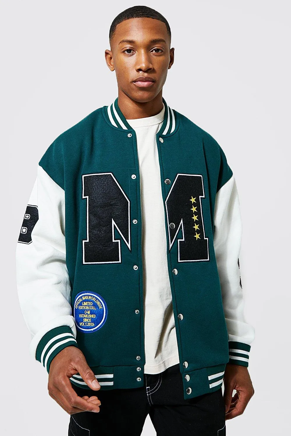 Oversized M Applique Jersey Varsity Jacket