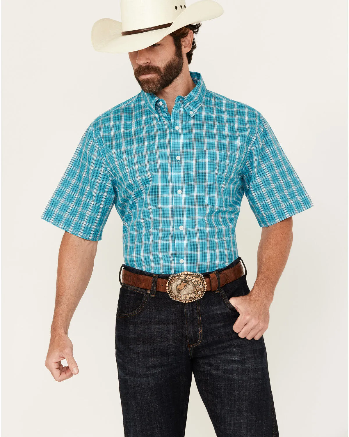 Product Name:  Wrangler Men's Riata Boot Barn Exclusive Assorted Plaid Print Short Sleeve Button-Down Stretch Western S