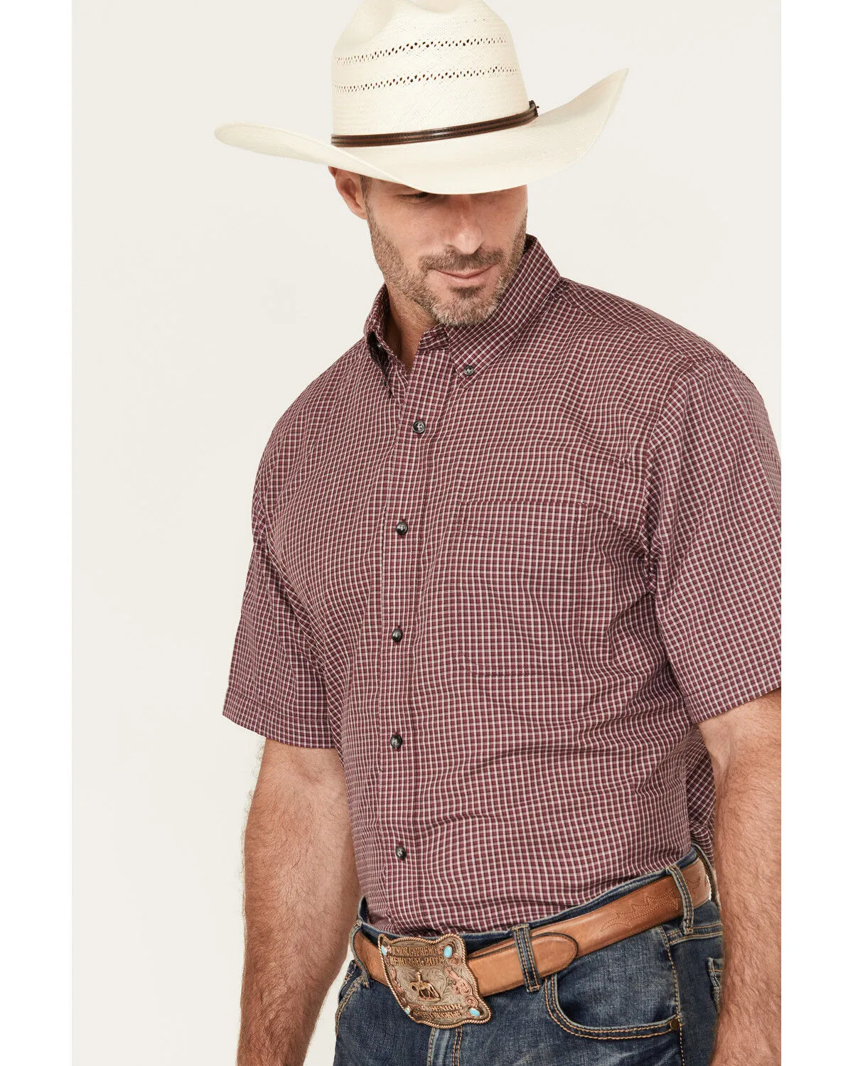 Product Name:  Wrangler Men's Riata Boot Barn Exclusive Assorted Plaid Print Short Sleeve Button-Down Stretch Western S