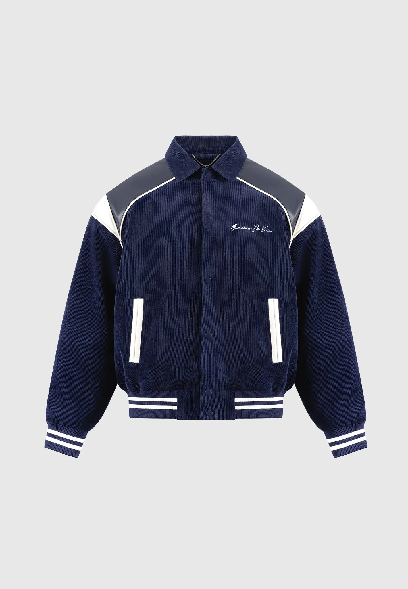 Raglan Corduroy Eiffel Varsity Jacket - Navy