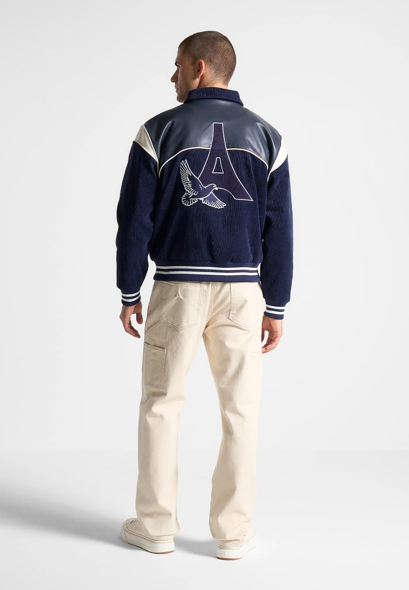 Raglan Corduroy Eiffel Varsity Jacket - Navy