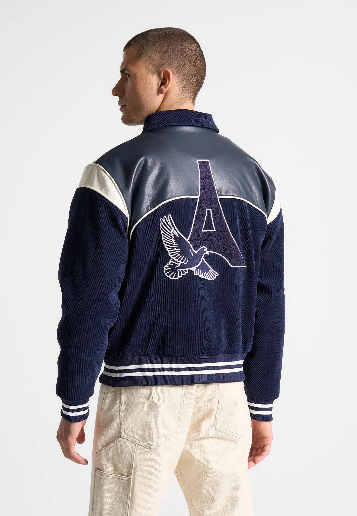 Raglan Corduroy Eiffel Varsity Jacket - Navy