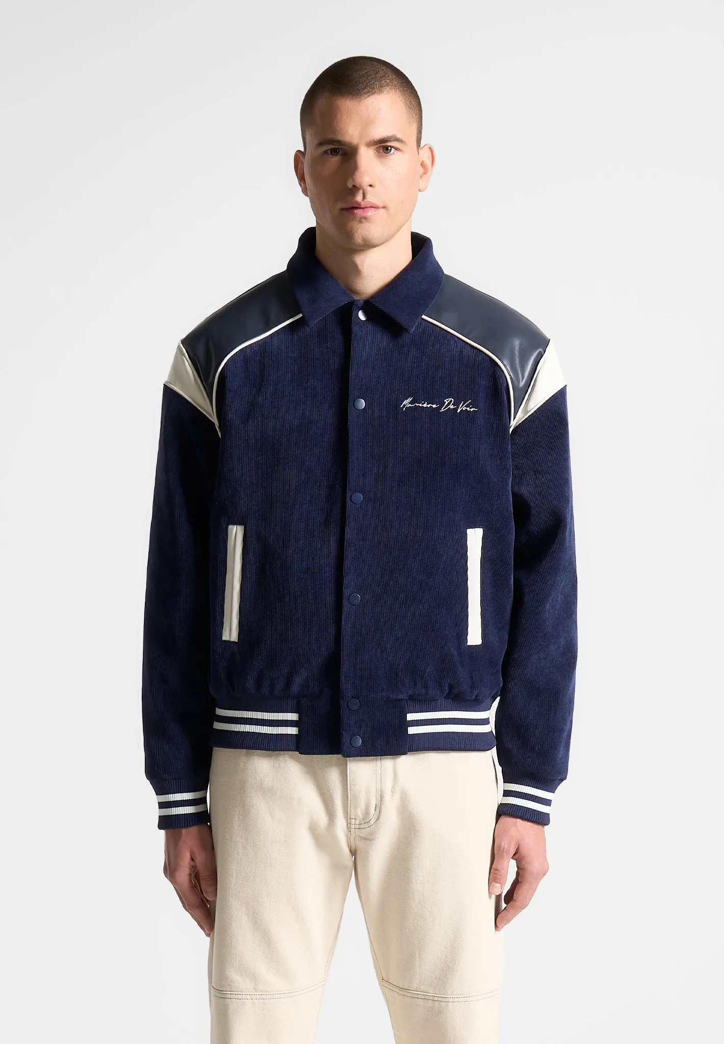 Raglan Corduroy Eiffel Varsity Jacket - Navy