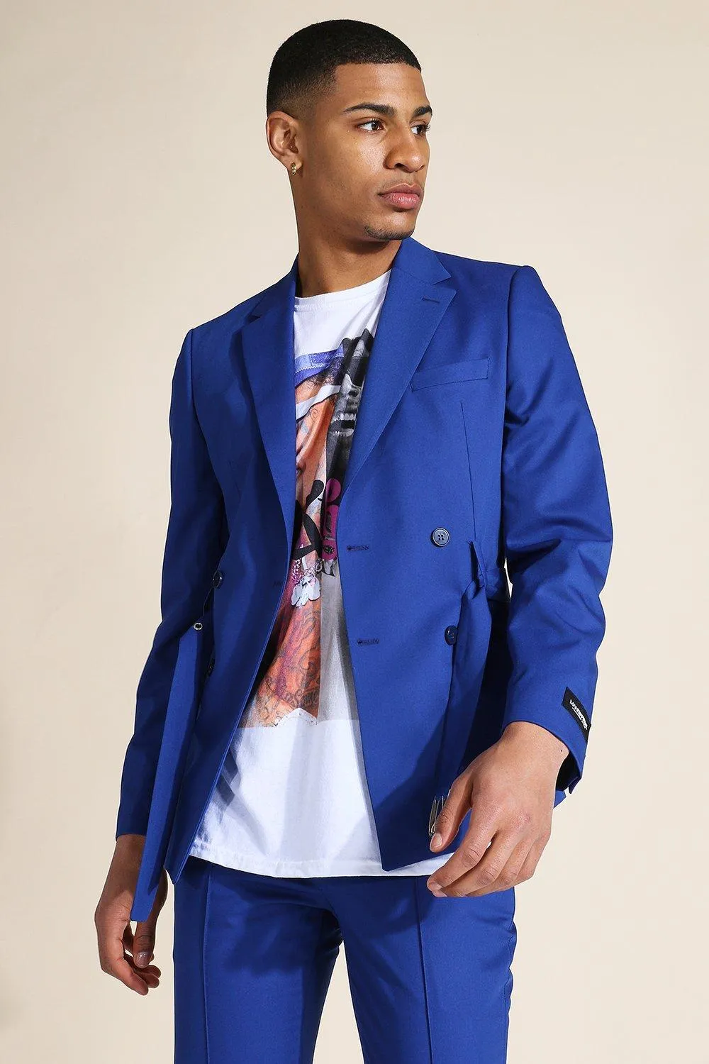 Skinny Belted Double Breasted Suit Jacket